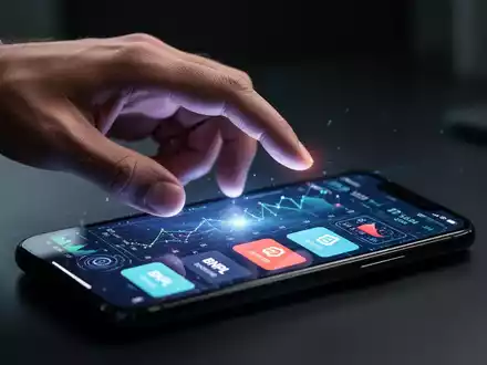 Eine menschliche Hand zögert über einem Smartphone-Display mit KI-generierten Finanzdaten und Jetzt kaufen, später zahlen-Optionen. - Foto: über boerse-global.de