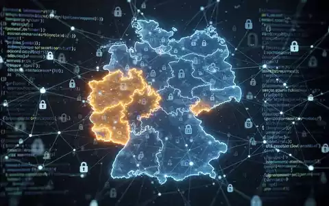 Leuchtende digitale Karte Deutschlands mit hervorgehobenen Regionen, überlagert mit abstrakten Open-Source-Code-Symbolen, die digitale Souveränität darstellen. - Foto: über boerse-global.de