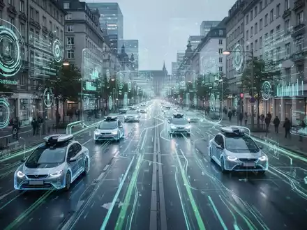 Digitale Zwilling-Überlagerung einer Stadtstraße mit autonomen Fahrzeugen und Datenströmen, die fortschrittliche deutsche Technologie repräsentiert. - Foto: über boerse-global.de