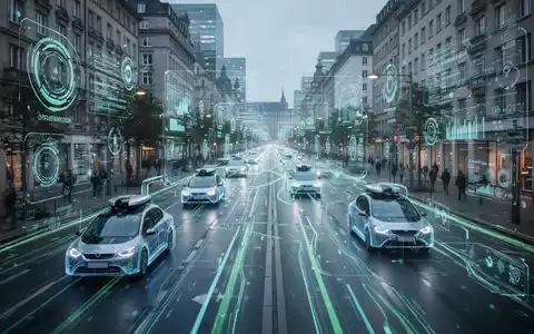 Digitale Zwilling-Überlagerung einer Stadtstraße mit autonomen Fahrzeugen und Datenströmen, die fortschrittliche deutsche Technologie repräsentiert. - Foto: über boerse-global.de
