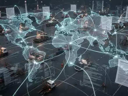 Eine komplexe Lieferkette mit leuchtenden Verbindungen, die globale Standorte und industrielle Komponenten repräsentiert, mit subtilen digitalen Überlagerungen. - Foto: über boerse-global.de
