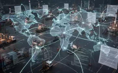 Eine komplexe Lieferkette mit leuchtenden Verbindungen, die globale Standorte und industrielle Komponenten repräsentiert, mit subtilen digitalen Überlagerungen. - Foto: über boerse-global.de