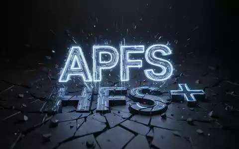 Stilisiertes, leuchtendes digitales 'APFS'-Logo, das aus einem dunklen, fragmentierten 'HFS+'-Logo hervorgeht, symbolisiert technologischen Wandel. - Foto: über boerse-global.de