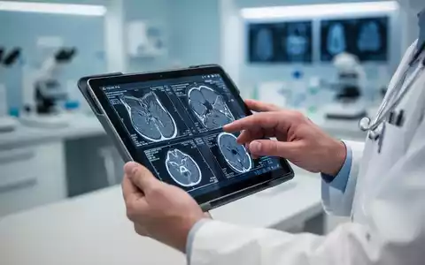 Nahaufnahme der Hände eines Arztes, der medizinische Bilder auf einem Tablet betrachtet, im Hintergrund eine moderne Klinik. - Foto: über boerse-global.de