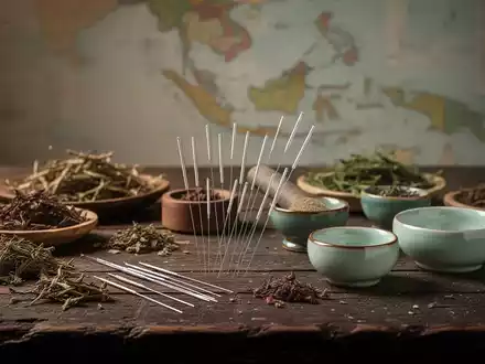 Traditionelle chinesische Kräuter und Akupunkturnadeln auf einem Holztisch, im Hintergrund eine unscharfe Karte Südostasiens. - Foto: über boerse-global.de