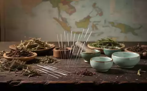 Traditionelle chinesische Kräuter und Akupunkturnadeln auf einem Holztisch, im Hintergrund eine unscharfe Karte Südostasiens. - Foto: über boerse-global.de