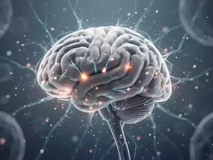 Ein stilisiertes menschliches Gehirn mit leuchtenden neuronalen Pfaden, umgeben von ruhigen, abstrakten visuellen Elementen und Lichtpartikeln. - Foto: über boerse-global.de