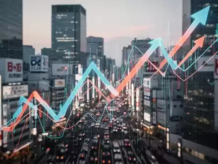 Abstrakte Darstellung der Marktvolatilität mit dynamischen Linien, die sich vor einer verschwommenen japanischen Stadtlandschaft kreuzen. - Foto: über boerse-global.de