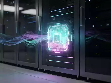 Ein futuristischer Quantencomputer-Prozessor in einem Server-Rack, umgeben von blauen und violetten Lichtspuren. - Foto: über boerse-global.de