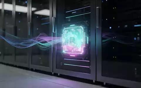 Ein futuristischer Quantencomputer-Prozessor in einem Server-Rack, umgeben von blauen und violetten Lichtspuren. - Foto: über boerse-global.de