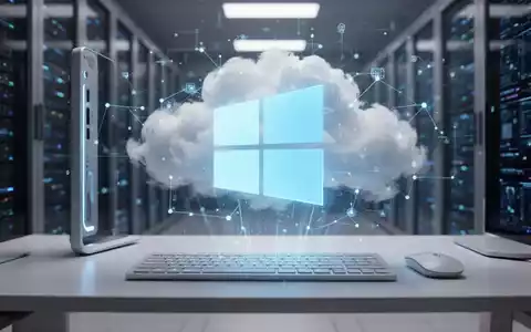 Minimalistischer Desktop-PC mit holografischem Windows-Logo, symbolisiert Cloud-basierte Betriebssystemwiederherstellung. - Foto: über boerse-global.de
