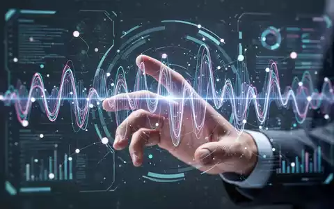 Menschliche Hand interagiert mit leuchtendem holografischem Display, das abstrakte Schallwellen und Daten zeigt, für KI-Sprachtechnologie. - Foto: über boerse-global.de