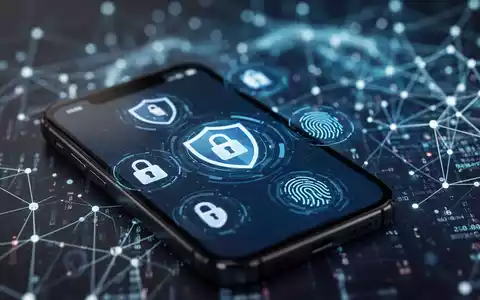 Ein iPhone-Bildschirm mit Sicherheits-Icons wie einem Schild und einem Vorhängeschloss, umgeben von verschwommenen digitalen Daten. - Foto: über boerse-global.de