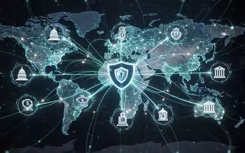 Digitales Netzwerk mit leuchtenden Linien, die Regierungs- und Finanzinstitutssymbole verbinden, was Cyberkriminalitätszusammenarbeit darstellt. - Foto: über boerse-global.de