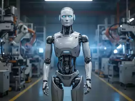 Humanoider Roboter mit freiliegenden Gelenken auf Fabrikboden, umgeben von Industriemaschinen, symbolisiert moderne Fertigung. - Foto: über boerse-global.de