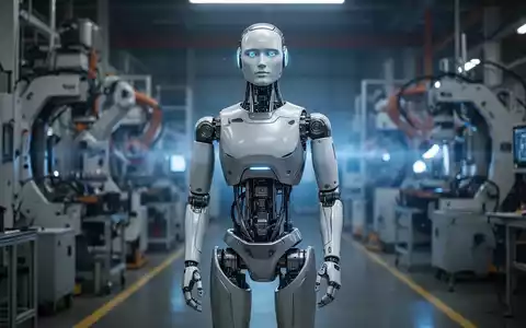 Humanoider Roboter mit freiliegenden Gelenken auf Fabrikboden, umgeben von Industriemaschinen, symbolisiert moderne Fertigung. - Foto: über boerse-global.de