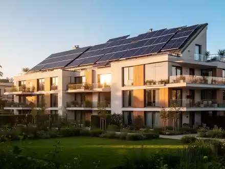 Ein modernes Wohngebäude mit Solarmodulen auf dem Dach unter blauem Himmel, das die Integration von Photovoltaik und Architektur zeigt. - Foto: über boerse-global.de