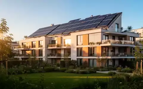 Ein modernes Wohngebäude mit Solarmodulen auf dem Dach unter blauem Himmel, das die Integration von Photovoltaik und Architektur zeigt. - Foto: über boerse-global.de