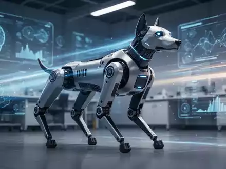 Fortschrittlicher vierbeiniger Roboter in einem Hightech-Labor mit leuchtenden digitalen Schnittstellen. - Foto: über boerse-global.de