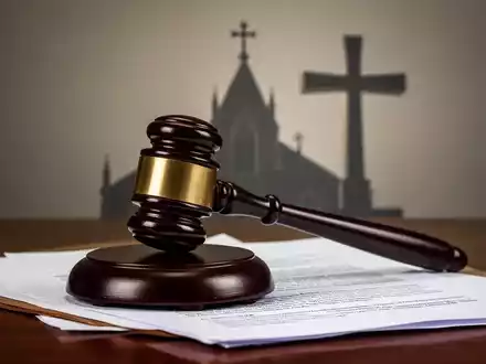 Ein Richterhammer liegt auf juristischen Dokumenten, mit einer angedeuteten Kirchen- oder Kreuzsilhouette im Hintergrund. - Foto: über boerse-global.de