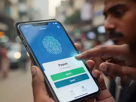 Nahaufnahme eines Smartphones mit Zahlungsbestätigung, Finger oder Gesicht im Hintergrund für biometrische Authentifizierung unscharf. - Foto: über boerse-global.de