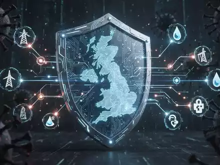 Leuchtender, futuristischer digitaler Schild schützt eine UK-Karte, Datenströme verbinden Symbole kritischer Infrastruktur. - Foto: über boerse-global.de