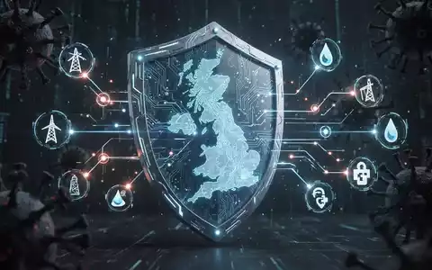 Leuchtender, futuristischer digitaler Schild schützt eine UK-Karte, Datenströme verbinden Symbole kritischer Infrastruktur. - Foto: über boerse-global.de