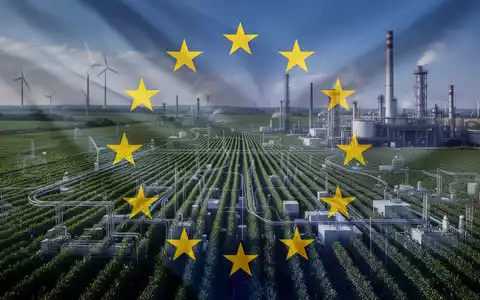 Eine stilisierte Darstellung der EU-Flagge, überlagert von abstrakten Feldern und Industrieketten, symbolisiert CBAM und Landwirtschaft. - Foto: über boerse-global.de