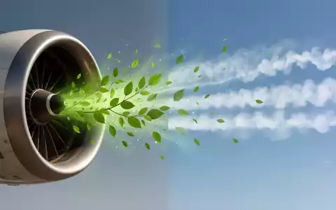 Eine stilisierte Darstellung eines Flugzeugtriebwerks, das grüne Blätter und saubere Luft anstelle von Abgasen ausstößt. - Foto: über boerse-global.de