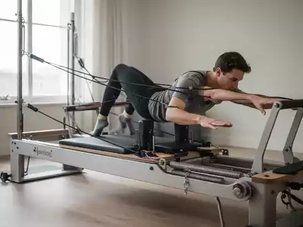 Eine Person trainiert auf einem modernen Pilates-Reformer-Gerät in einem hellen Studio, das die Präzision der Bewegung hervorhebt. - Foto: über boerse-global.de