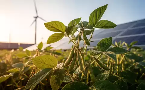 Eine Sojapflanze mit grünen Blättern und Schoten im Sonnenlicht, im Hintergrund verschwommen Windturbinen und Solarpaneele. - Foto: über boerse-global.de
