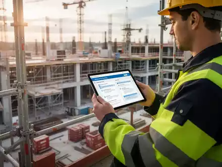 Bauarbeiter in Warnkleidung auf einem Gerüst, der digitale Sicherheitsdokumente auf einem Tablet prüft, mit Baustelle im Hintergrund. - Foto: über boerse-global.de