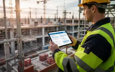 Bauarbeiter in Warnkleidung auf einem Gerüst, der digitale Sicherheitsdokumente auf einem Tablet prüft, mit Baustelle im Hintergrund. - Foto: über boerse-global.de