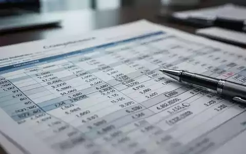 Nahaufnahme eines Finanzberichts oder Hauptbuchs mit Zahlenreihen und Text, ein Stift liegt darauf, im Hintergrund verschwommenes Büro. - Foto: über boerse-global.de