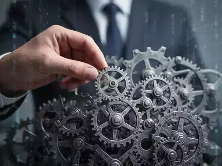 Eine Hand setzt ein kleines Zahnrad in ein komplexes Getriebe ein, symbolisch für risikobasierten Datenschutz und Regulierung. - Foto: über boerse-global.de