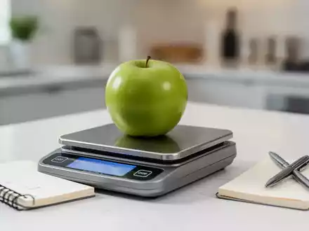 Eine Nahaufnahme einer digitalen Küchenwaage mit einem grünen Apfel, daneben ein Notizbuch und ein Stift, in einer modernen Küche. - Foto: über boerse-global.de
