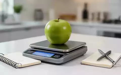 Eine Nahaufnahme einer digitalen Küchenwaage mit einem grünen Apfel, daneben ein Notizbuch und ein Stift, in einer modernen Küche. - Foto: über boerse-global.de