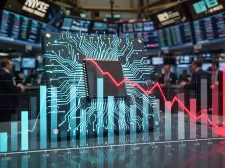 Mikrochip mit leuchtenden Schaltkreisen, teilweise von fallendem Finanzbalkendiagramm überlagert, im Hintergrund verschwommene Börse. - Foto: über boerse-global.de