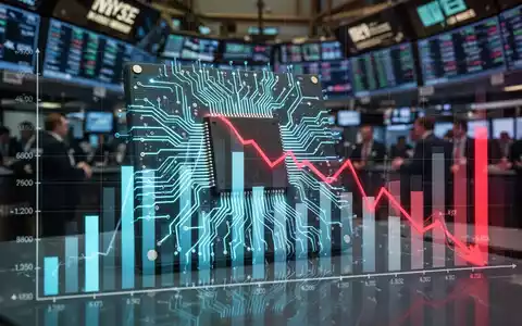 Mikrochip mit leuchtenden Schaltkreisen, teilweise von fallendem Finanzbalkendiagramm überlagert, im Hintergrund verschwommene Börse. - Foto: über boerse-global.de