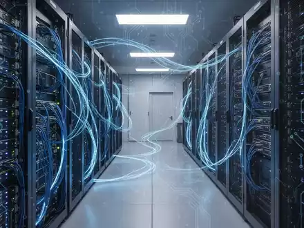 Serverraum mit blau leuchtenden Kabeln und moderner Computerhardware, Symbol für KI-Technologie und Datenverarbeitung. - Foto: über boerse-global.de