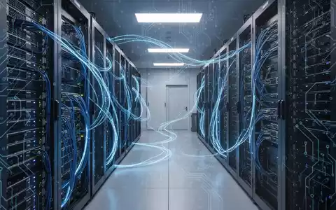 Serverraum mit blau leuchtenden Kabeln und moderner Computerhardware, Symbol für KI-Technologie und Datenverarbeitung. - Foto: über boerse-global.de