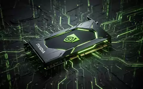 Nahaufnahme einer Hightech-NVIDIA-Grafikkarte mit grün leuchtenden LEDs, umgeben von komplexen Schaltkreisen und digitalen Datenströmen. - Foto: über boerse-global.de