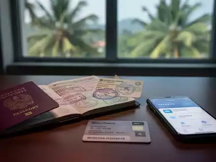 Ein Pass, eine deutsche Steuer-ID und ein Smartphone mit einer Banking-App auf einem Schreibtisch vor tropischer Landschaft. - Foto: über boerse-global.de