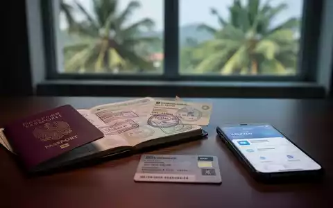 Ein Pass, eine deutsche Steuer-ID und ein Smartphone mit einer Banking-App auf einem Schreibtisch vor tropischer Landschaft. - Foto: über boerse-global.de