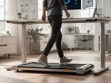Eine Person geht auf einem kompakten Walking Pad unter einem modernen Stehschreibtisch in einem hellen Home-Office. - Foto: über boerse-global.de