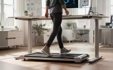 Eine Person geht auf einem kompakten Walking Pad unter einem modernen Stehschreibtisch in einem hellen Home-Office. - Foto: über boerse-global.de