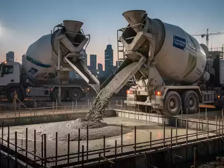 Ein Betonmischer gießt emissionsarmen Beton auf einer Baustelle bei Sonnenuntergang, mit einer urbanen Skyline im Hintergrund. - Foto: über boerse-global.de