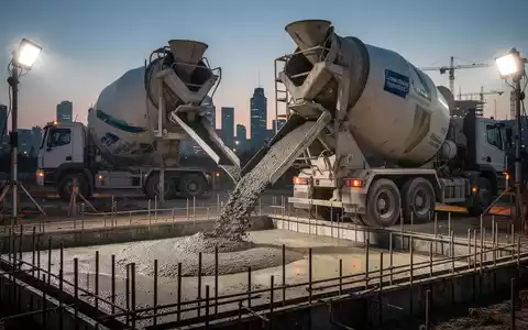 Ein Betonmischer gießt emissionsarmen Beton auf einer Baustelle bei Sonnenuntergang, mit einer urbanen Skyline im Hintergrund. - Foto: über boerse-global.de