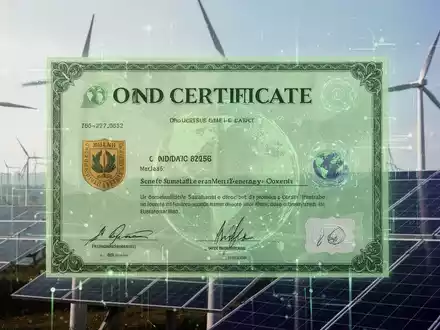 Ein stilisiertes grünes Anleihezertifikat mit einer Überlagerung von Windturbinen und Solarpaneelen, die nachhaltige Finanzierung symbolisieren. - Foto: über boerse-global.de