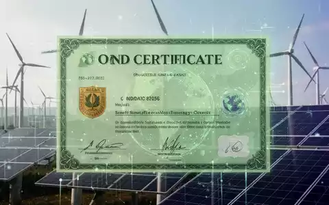 Ein stilisiertes grünes Anleihezertifikat mit einer Überlagerung von Windturbinen und Solarpaneelen, die nachhaltige Finanzierung symbolisieren. - Foto: über boerse-global.de